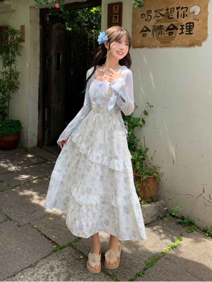 Trim Cuffs Light Blue Bowknot Ruffle Details Open Placket Chiffon Top