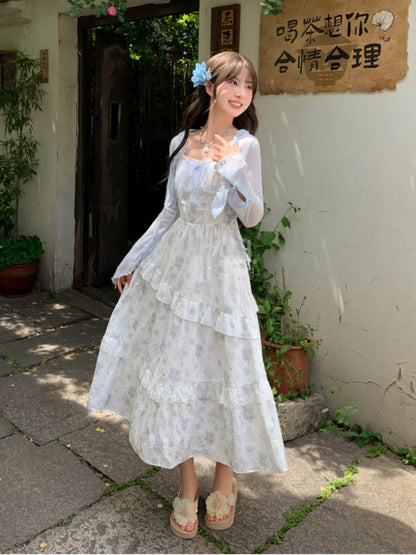 Trim Cuffs Light Blue Bowknot Ruffle Details Open Placket Chiffon Top