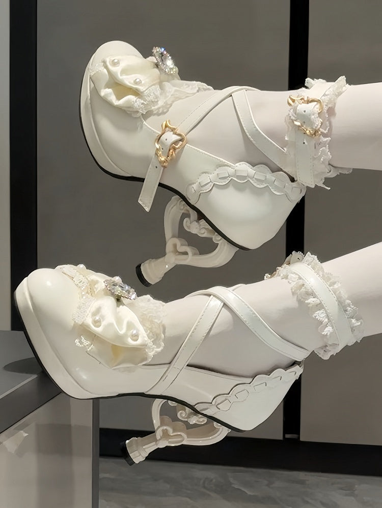 Shoes Off-white Bead - Princess Style Accent High-heel Bow Rhinestone