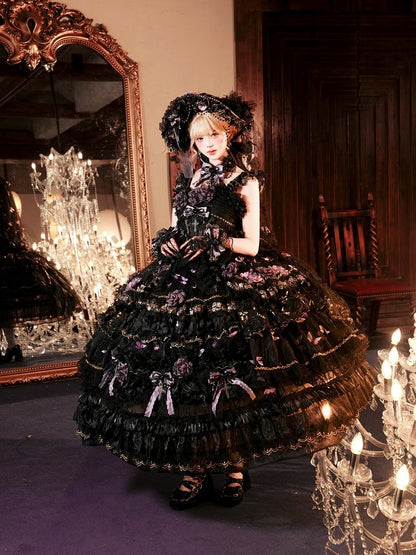 Ankle-Length Black & Purple Hanayome Hime Dress with Butterfly and Flower Accents - Cat Fairy Lolita