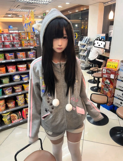 Gray Hoodie Zip-Up Pompom with Drawstring