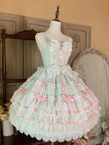 Mintgrüner Lagenrock Hanayome-Kleid Süßer Hime-Lolita-Pulloverrock mit abnehmbaren Schleifen