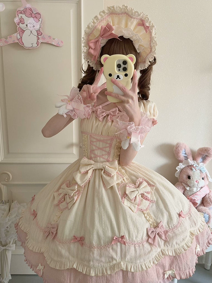 Süßes Lolita-Kleid mit alten rosa Details und einteiligen Schleifen für die Schule, hellgelbe kurze Ärmel
