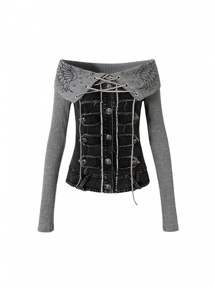 Top Strick Grau mit Einsätzen Off-Shoulder Denim Design Vintage Punk