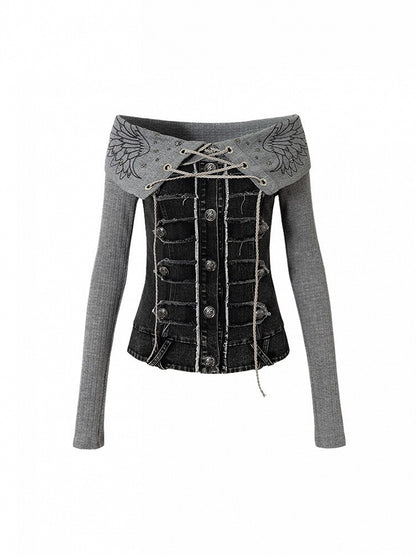 Top Strick Grau mit Einsätzen Off-Shoulder Denim Design Vintage Punk