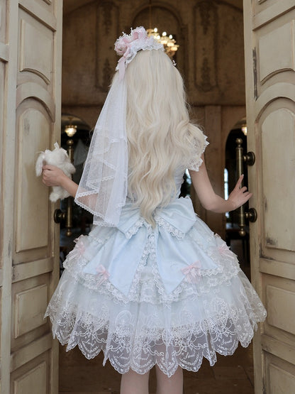 Blue Multi-Layer Lace Trim Lolita JSK with Bow and Bead Chain Decorations - White Sugar Girl