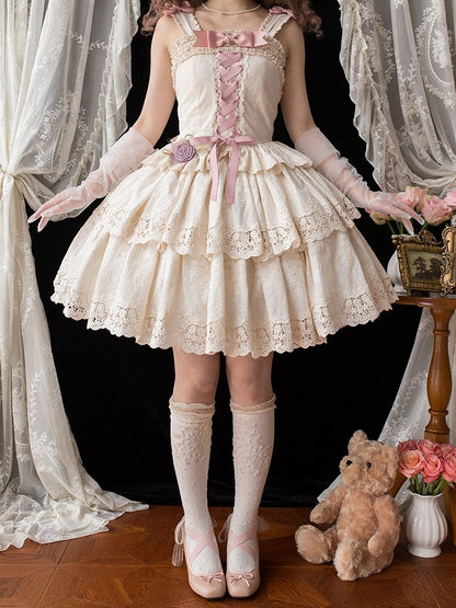 Beige Multi-layer Ruffles Elegant Lolita Skirt Floral Embroidery Details - Miss Point