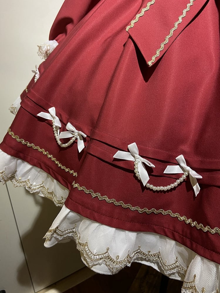 New Dress / Hem with Red Christmas Year Sleeves Lolita Pearl-Chain Bow Accents Long