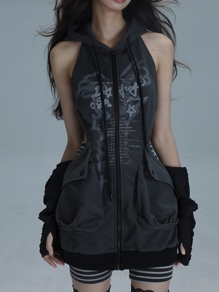 Coordinated Striped Hoodie Dark Zip-front Dress Cutout Gray Set: Punk Shorts Streetwear Graffiti