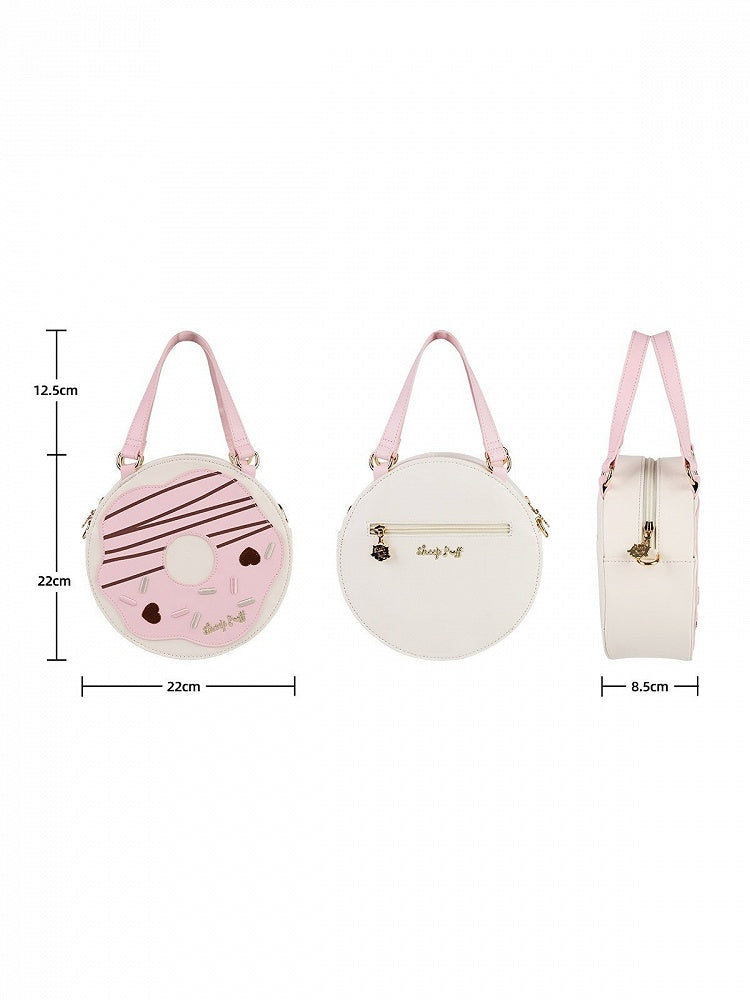 Donut Pink and White Round Crossbody Bag with Top Handle - Sheep Puff Bag
