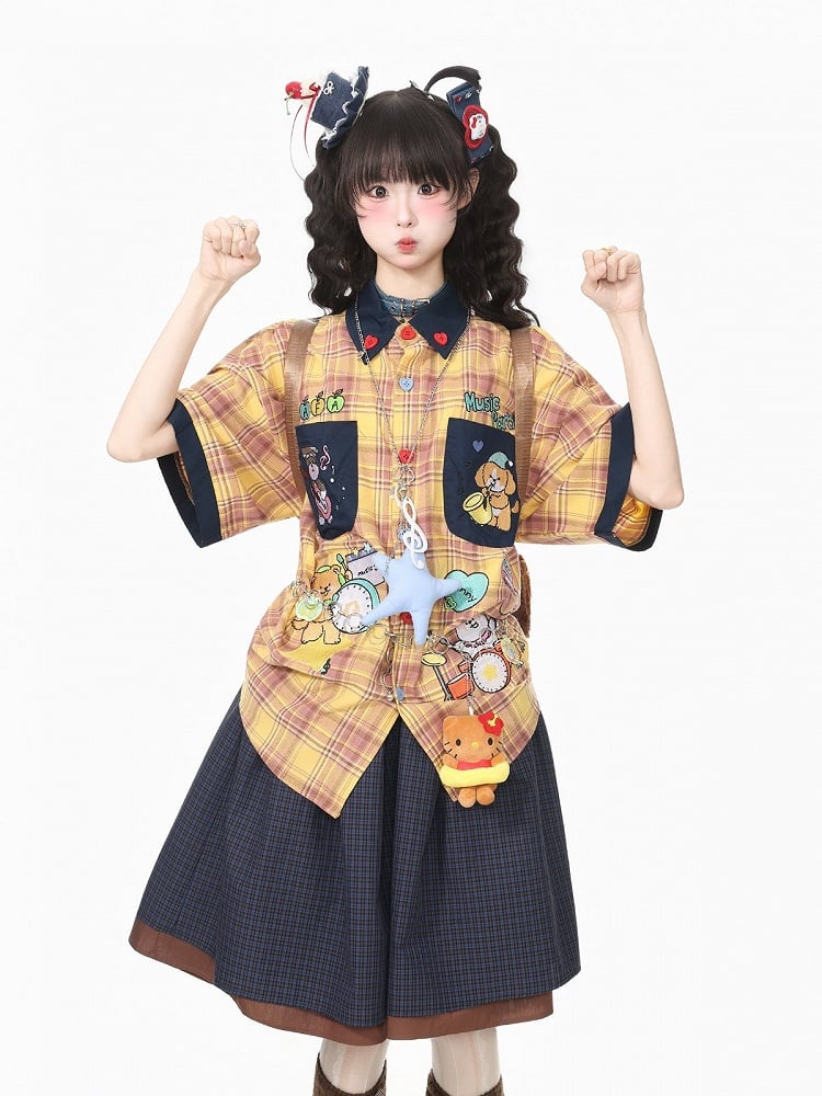 Yellow Plaid Short Sleeve Shirt with Puppy Embroidery - Languid Park