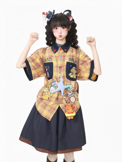 Yellow Plaid Short Sleeve Shirt with Puppy Embroidery - Languid Park
