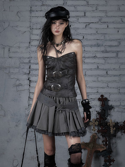 with Heart-Shaped Buckle Design Brown PU Bustier Top