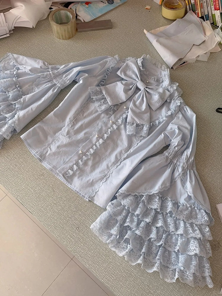 Lace Sleeves Blouse Cotton Bell Gorgeous Layered Lolita Blue