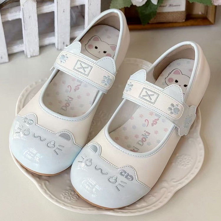 Velcro PU Ear Strap Sweet Closures in Low-heel Janes Accent Paw Kitty Details Blue Lolita Mary