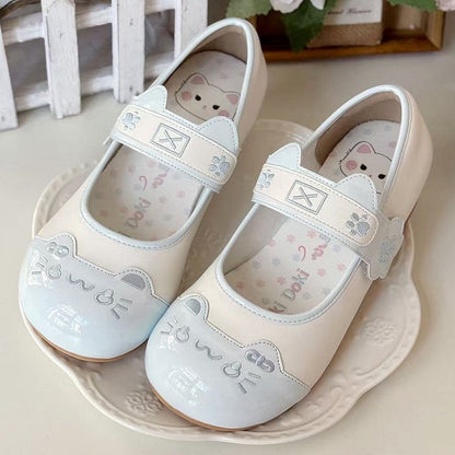Velcro PU Ear Strap Sweet Closures in Low-heel Janes Accent Paw Kitty Details Blue Lolita Mary