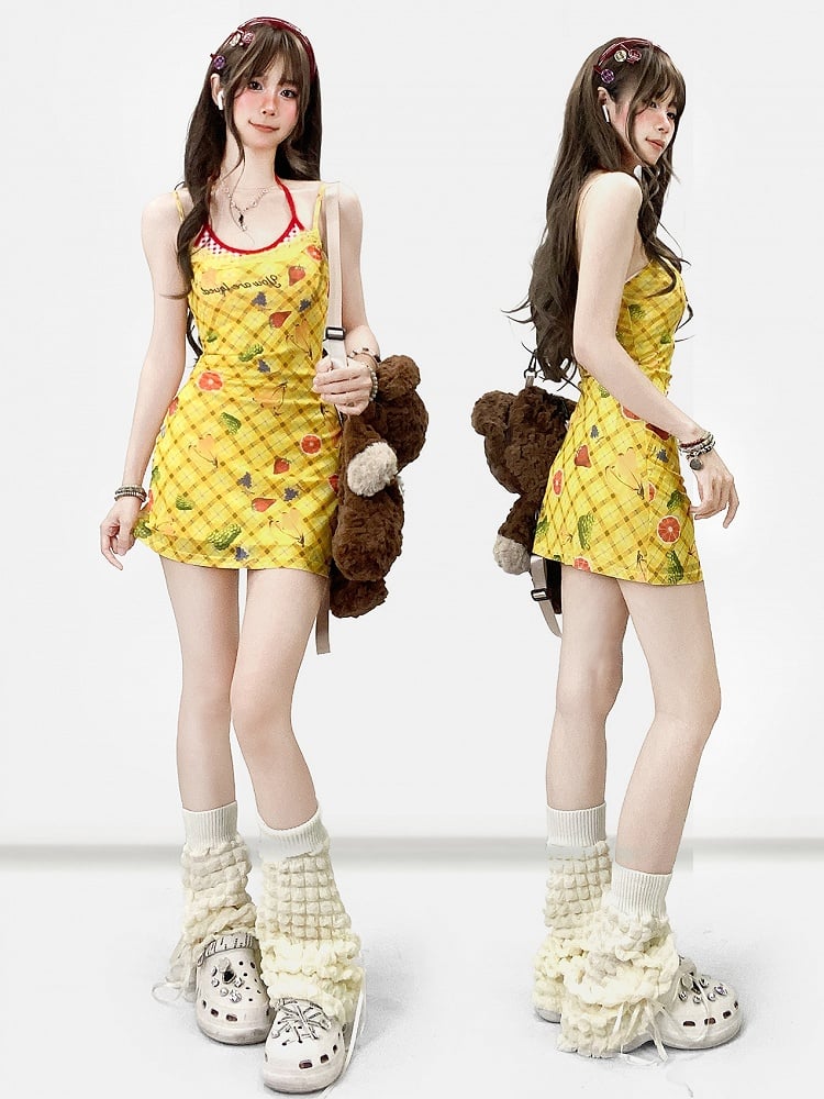 Y2K Muster Plaid Brief Hals + Gelb Obst Neckholder Cami Print Bittersüße Kleid Top Und Rot