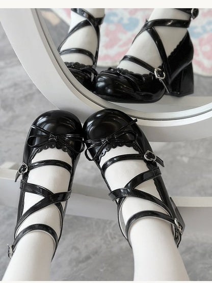 Block Knotted Sweet Bow Jane Heel Lolita 6cm - Black with Mary Shoes