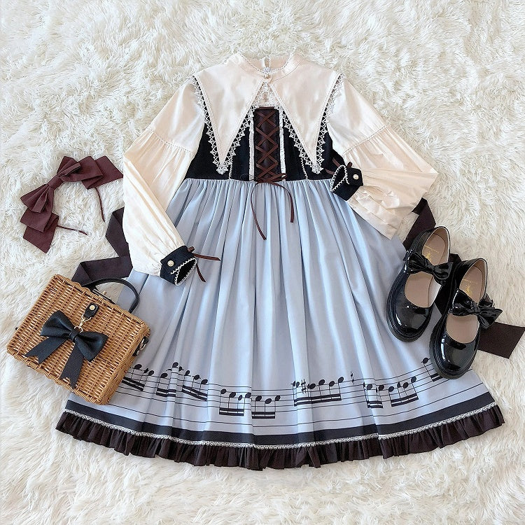 Musical Note Blue Autumn Lolita Long Sleeves Dress with Separate Pointed Collar