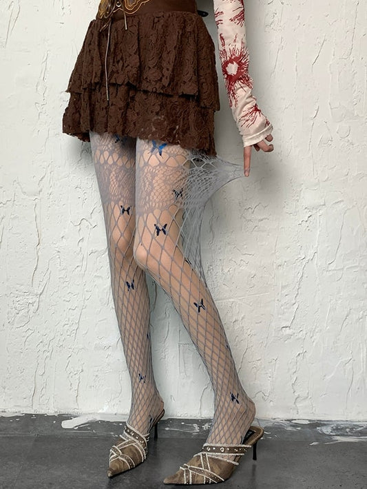 Fishnet Gray Design Cut-out Tights Y2K