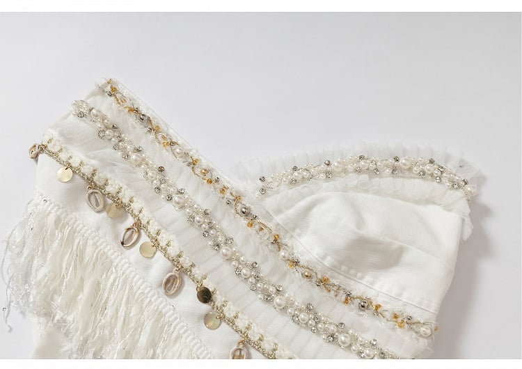 Black/White Crossover Design Bead Hem Details Fringe Baroque