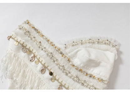 Black/White Crossover Design Bead Hem Details Fringe Baroque