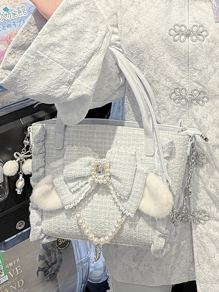 Lolita with And Bunny Charm Bow in Rhinestone Beaded - White Trim Ear Elegant Heart Triple-Carry Handbag Plush Ruffles