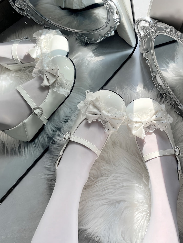 Round Toe White Mary Jane Flats - Dot Print Bow Accent, Lace Edging & Rhinestone Heart Closure