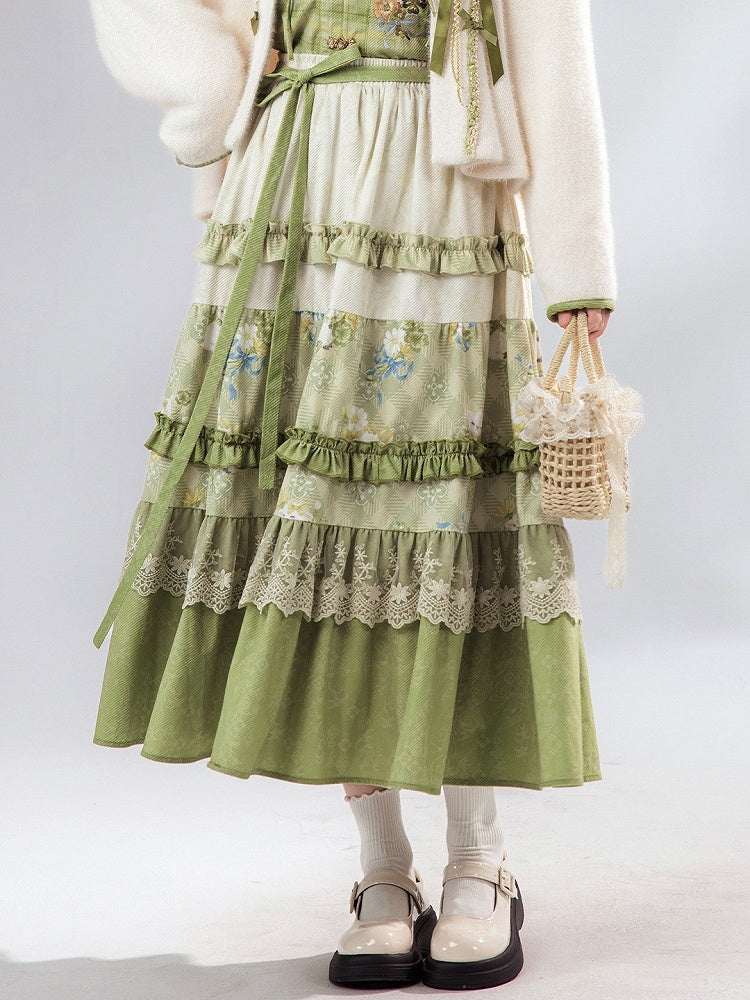 Green Chinese-Inspired Printed Layered Trim Elastic Waist Skirt - Luo Xiu Dong Xiang