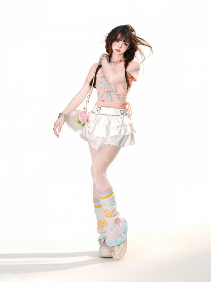 Glamorous Bowknot Schwarz/Gelb/Pink Cropped T-Shirt Kordelzug Taille Akzent