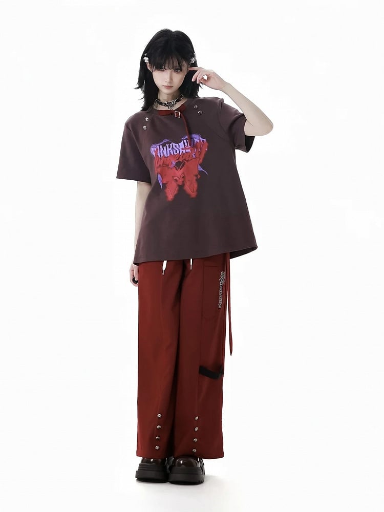 Straight-Leg Pants Red Drawstring Waist Stud Details