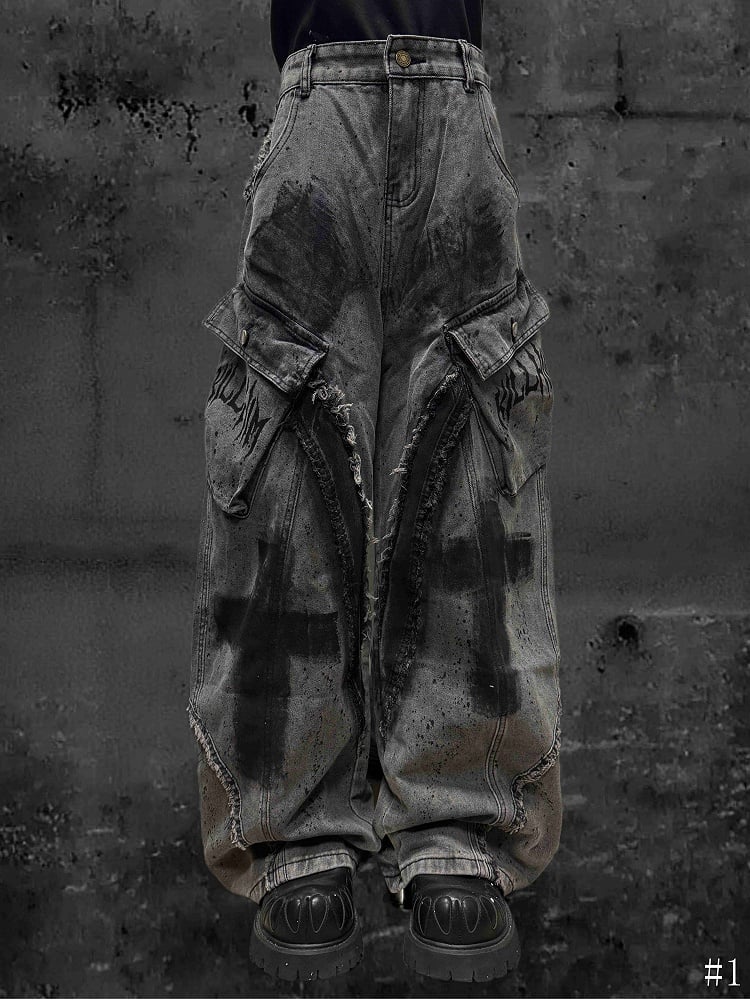 Raw Cross with Wide-Leg Grey Detailing Wasteland Hem Jeans Punk Y2K