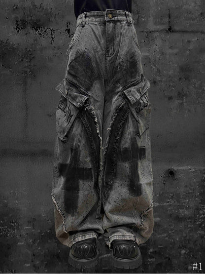 Raw Cross with Wide-Leg Grey Detailing Wasteland Hem Jeans Punk Y2K
