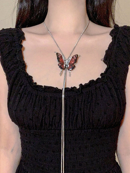 Y2K Rose Rot Dunkelblau Strass Schmetterling Halskette