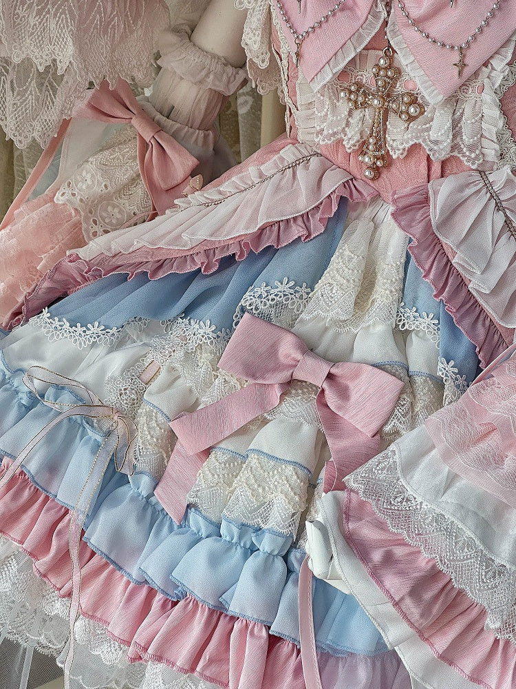 Rosa und Blau High Waist Süßes Hexenkleid Lolita Pulloverrock Komplettset