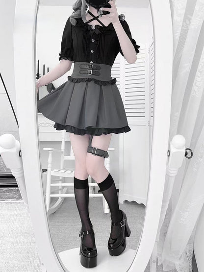 Blouse Style Kei and Pleating Black Square with Rhinestones Heart-Shaped Details Neckline Jirai