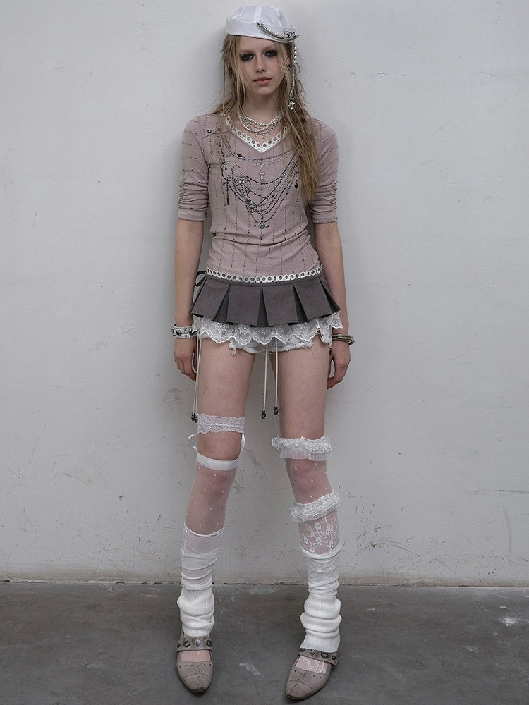 Muster Langer V-Ausschnitt Strass Gestreift Rosa/Blau Ärmel Punk Design Top Halskette Wasteland