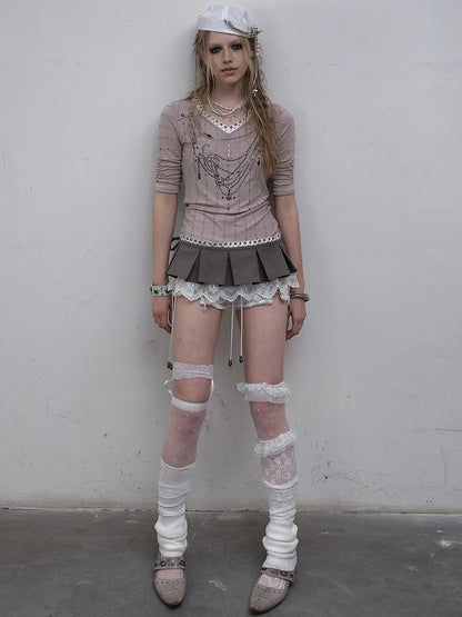 Muster Langer V-Ausschnitt Strass Gestreift Rosa/Blau Ärmel Punk Design Top Halskette Wasteland