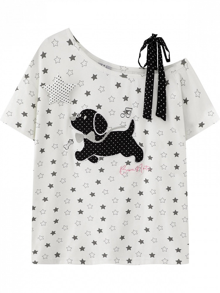 White Asymmetric Tee with Star Motif & Puppy Emblem - Languid Park