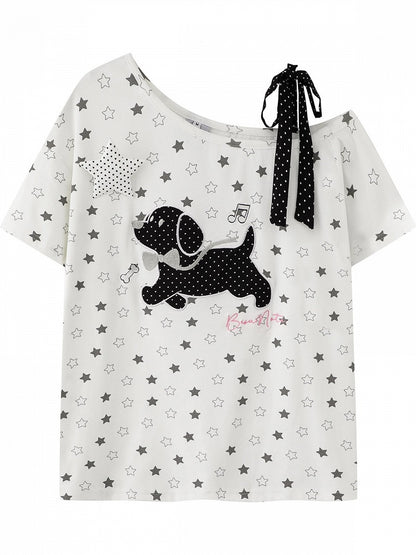 White Asymmetric Tee with Star Motif & Puppy Emblem - Languid Park