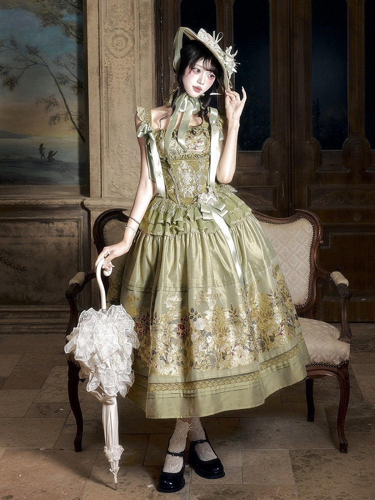 Dark Green Floral Lace Boned Corset with Satin Bow - Yimu Walnut