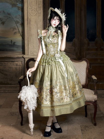 Dark Green Floral Lace Boned Corset with Satin Bow - Yimu Walnut