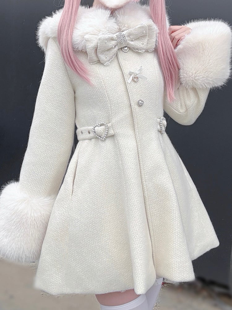 Faux Fur Detachable Coat Waisted Kei Black/Beige Collar with and Cuffs Jirai