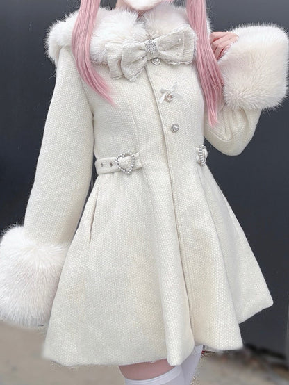 Faux Fur Detachable Coat Waisted Kei Black/Beige Collar with and Cuffs Jirai