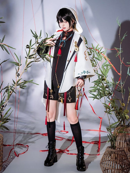 Top with Copper Hooded Ouji Charms Fashion and Chinoiserie Coin Jacquard Tassel White