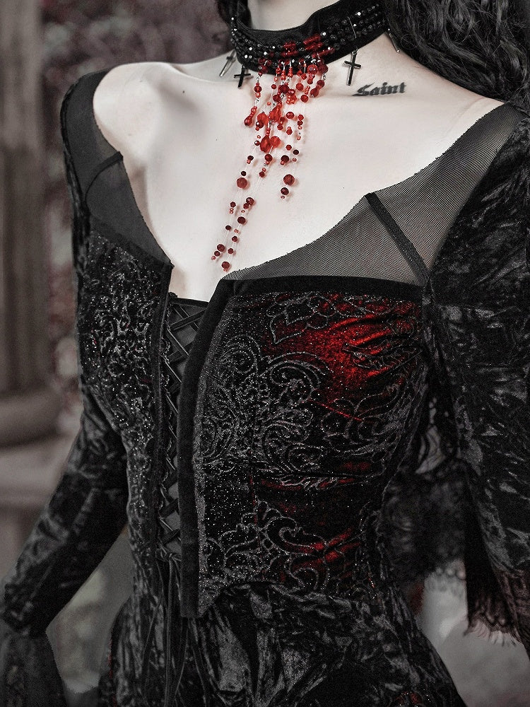 Flügel Romantischer Samt und geformter Spitzenausschnitt Fledermaus Vampirkleid Goth Meerjungfrau
