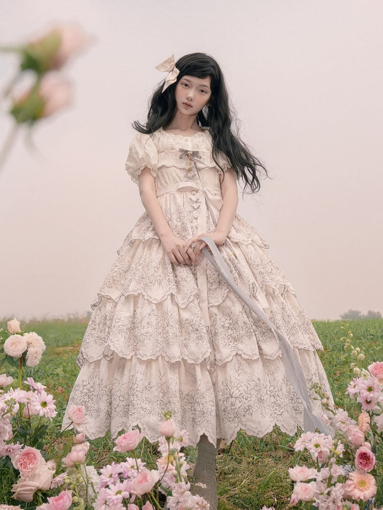 White Classic Scallop Trim Skirt Lolita Print Embroidered Layered Floral Jumper with