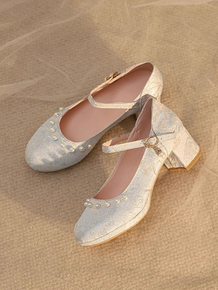 with Qi Satin Shoes Mid-heel Beaded Lolita - Details Blue Floral