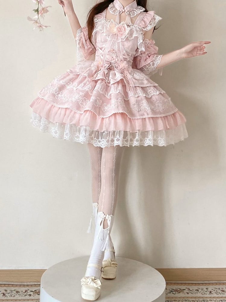 Flower Frog Waist Layered Chinoiserie Bows with Corset Pink Button Dress Lolita