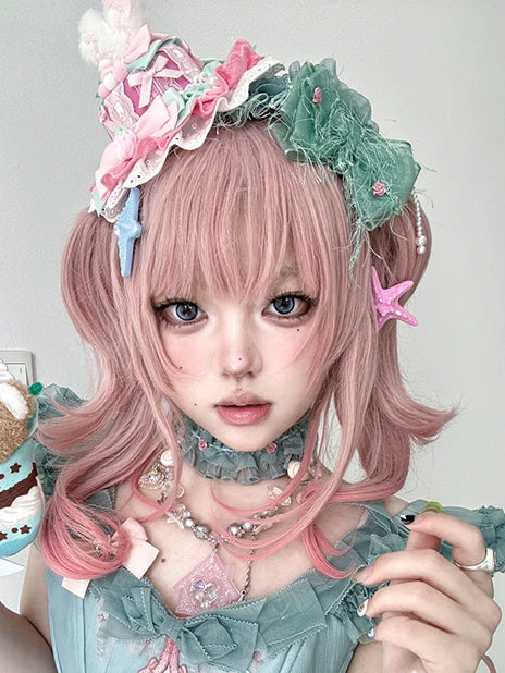 Length Wavy With Ponytails Shoulder Claw + Clips Bangs Two Pink Wigs